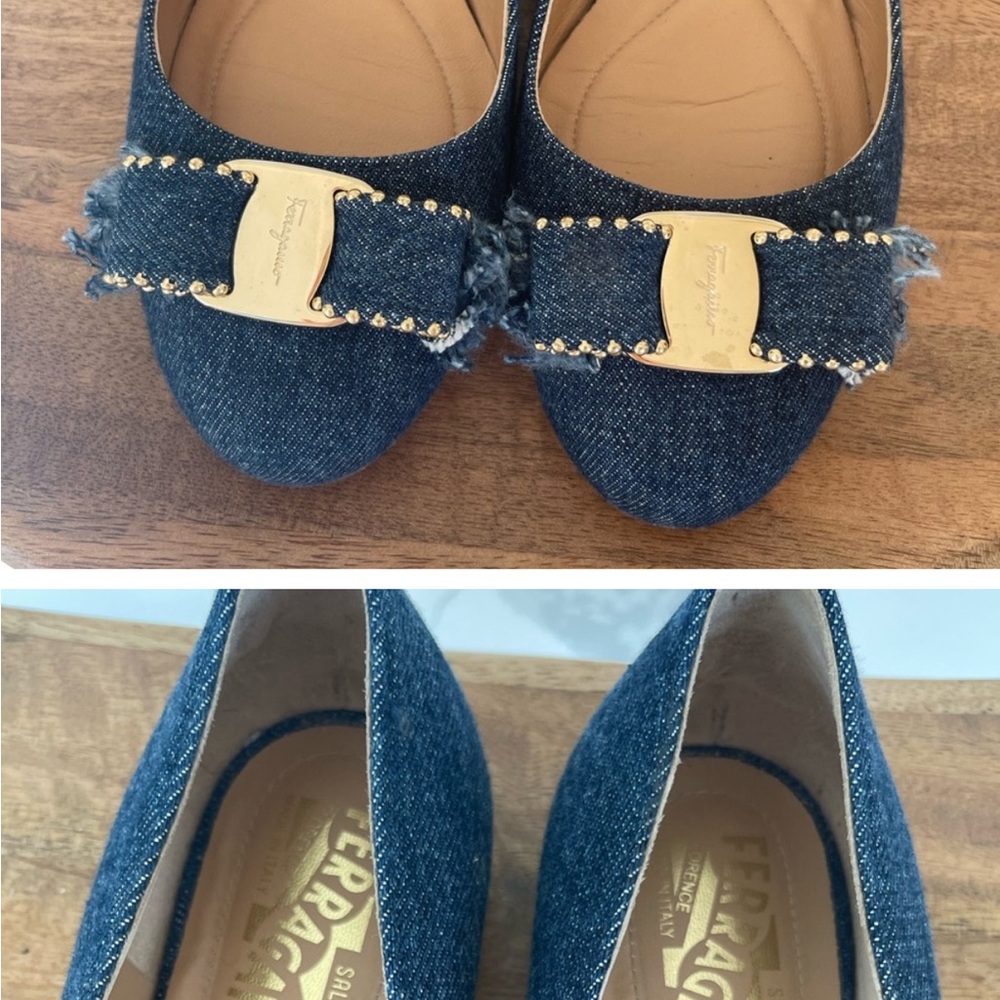 Ferragamo Denim Flats with Gold Buckle